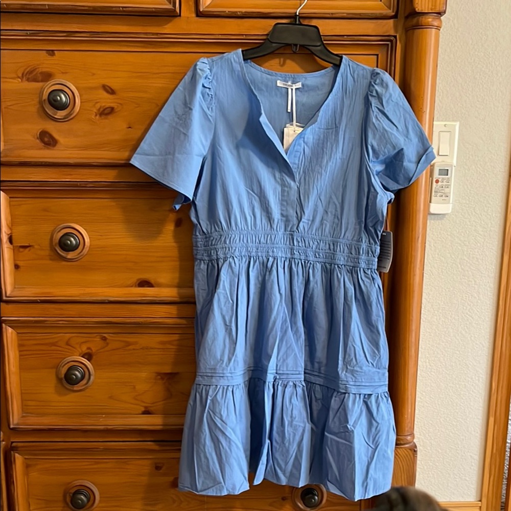 Blue V-Neck Short Sleeve Dress